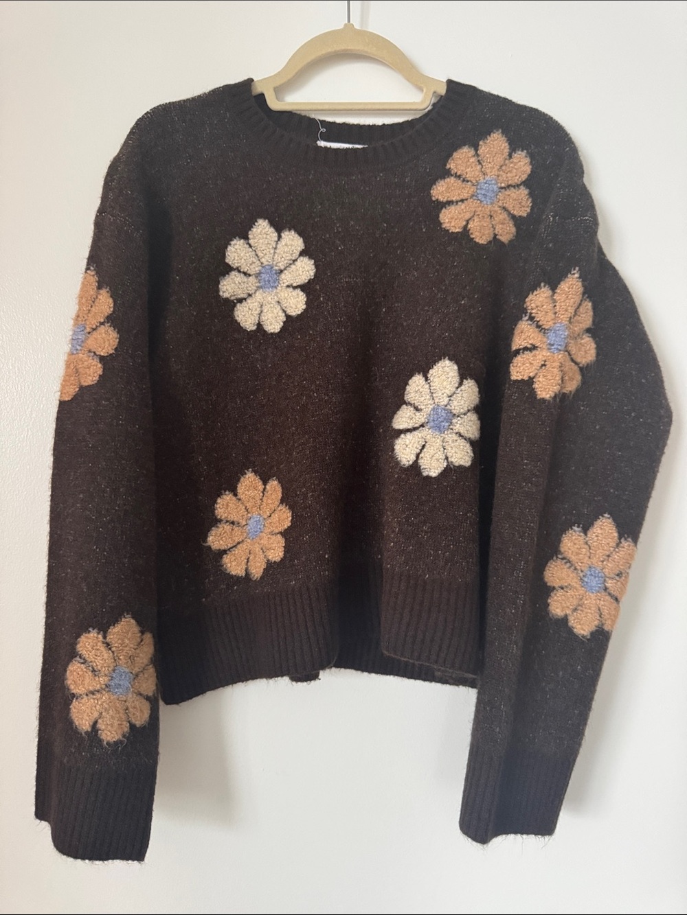 Koryo Brown Floral Crewneck Sweater with Cream & Tan Appliqués